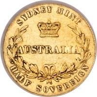 reverse of 1/2 Sovereign - Victoria (1857 - 1866) coin with KM# 3 from Australia. Inscription: SYDNEY MINT AUSTRALIA HALF SOVEREIGN