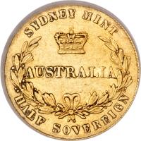 Australia coin 1/2 Sovereign - Victoria (1857 - 1866) reverse reverse of 1/2 Sovereign - Victoria (1857 - 1866) coin with KM# 3 from Australia. Inscription: SYDNEY MINT AUSTRALIA HALF SOVEREIGN