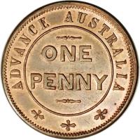 Australia coin 1 Penny - W.J. Taylor Unnamed Token (1850) reverse reverse of 1 Penny - W.J. Taylor Unnamed Token (1850) coin with KM# Tn282 from Australia. Inscription: ADVANCE AUSTRALIA ONE PENNY