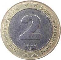 reverse of 2 Konvertible Marka (2000 - 2008) coin with KM# 119 from Bosnia and Herzegovina. Inscription: Bosna i Hercegovina ▼ ▼ Босна И Херцеговина 2 KM ▲ ▲