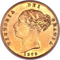 obverse of 1/2 Sovereign - Victoria (1871 - 1887) coin with KM# 5 from Australia. Inscription: VICTORIA DEI GRATIA 1879