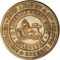 Australia coin 1 Penny - John Andrew & Co. - Melbourne, Victoria (1860) reverse reverse of 1 Penny - John Andrew & Co. - Melbourne, Victoria (1860) coin with KM# Tn11 from Australia. Inscription: JOHN ANDREW & Co. · IMPORTERS & GENERAL DRAPERS · II LONSDALE STREET WEST · MELBOURNE · COARD LONDON
