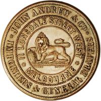 reverse of 1 Penny - John Andrew & Co. - Melbourne, Victoria (1860) coin with KM# Tn11 from Australia. Inscription: JOHN ANDREW & Co. · IMPORTERS & GENERAL DRAPERS · II LONSDALE STREET WEST · MELBOURNE · COARD LONDON