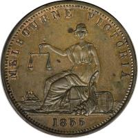 Australia coin 1 Penny - Edwd. De Carle & Co. - Melbourne, Victoria (1855) obverse obverse of 1 Penny - Edwd. De Carle & Co. - Melbourne, Victoria (1855) coin with KM# Tn55 from Australia. Inscription: MELBOURNE VICTORIA 1855