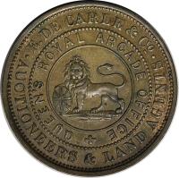 Australia coin 1 Penny - Edwd. De Carle & Co. - Melbourne, Victoria (1855) reverse reverse of 1 Penny - Edwd. De Carle & Co. - Melbourne, Victoria (1855) coin with KM# Tn55 from Australia. Inscription: · E. DE CARLE & Co · AUCTIONEERS & LAND AGENTS QUEEN's ROYAL ARCADE OFFICE