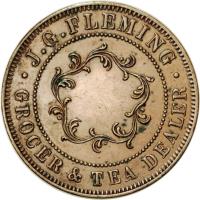 Australia coin 1 Penny - J. G. Fleming Hobart, Tasmania (1874) reverse reverse of 1 Penny - J. G. Fleming Hobart, Tasmania (1874) coin with KM# Tn71 from Australia. Inscription: · J.G. FLEMING · GROCER & TEA DEALER