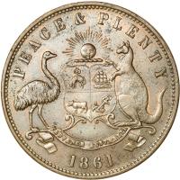 obverse of 1 Penny - Robert Hyde & Co. - Melbourne, Victoria (1857 - 1861) coin with KM# Tn133 from Australia. Inscription: PEACE & PLENTY ADVANCE AUSTRALIA 1861