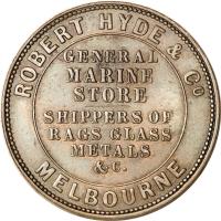 reverse of 1 Penny - Robert Hyde & Co. - Melbourne, Victoria (1857 - 1861) coin with KM# Tn133 from Australia. Inscription: ROBERT HYDE & Co MELBOURNE GENERAL MARINE STORE SHIPPERS OF RAGS GLASS METALS & · C.