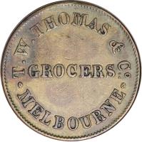 Australia coin 1/2 Penny - T. W. Thomas & Co. - Melbourne, Victoria (1854) obverse obverse of 1/2 Penny - T. W. Thomas & Co. - Melbourne, Victoria (1854) coin with KM# Tn248 from Australia. Inscription: T. W. THOMAS & C° GROCERS: MELBOURNE