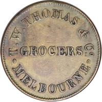 obverse of 1/2 Penny - T. W. Thomas & Co. - Melbourne, Victoria (1854) coin with KM# Tn248 from Australia. Inscription: T. W. THOMAS & C° GROCERS: MELBOURNE