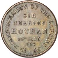 Australia coin 1/2 Penny - T. W. Thomas & Co. - Melbourne, Victoria (1854) reverse reverse of 1/2 Penny - T. W. Thomas & Co. - Melbourne, Victoria (1854) coin with KM# Tn248 from Australia. Inscription: IN COMMEMORATION OF THE LANDING OF SIR CHARLES HOTHAM 22D JUNE 1854