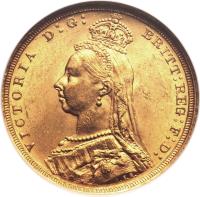 Australia coin 1 Sovereign - Victoria (1887) obverse obverse of 1 Sovereign - Victoria (1887) coin with KM# 10 from Australia. Inscription: VICTORIA D:G: BRTITT:REG:F:D: