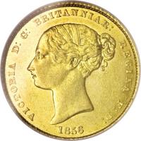 obverse of 1/2 Sovereign - Victoria (1855 - 1856) coin with KM# 1 from Australia. Inscription: VICTORIA D:G: BRITANNIAR: REGINA F:D: 1856