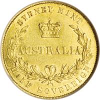 reverse of 1/2 Sovereign - Victoria (1855 - 1856) coin with KM# 1 from Australia. Inscription: SYDNEY MINT AUSTRALIA HALF SOVEREIGN