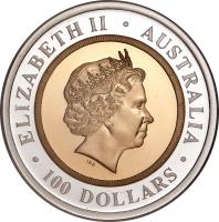 obverse of 100 Dollars - Elizabeth II - Sovereign - 4'th Portrait (1999) coin with KM# 474 from Australia. Inscription: ELIZABETH II · AUSTRALIA IRB · 100 DOLLARS ·