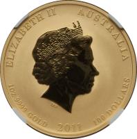 obverse of 100 Dollars - Elizabeth II - Lunar Year: Year of the Rabbit - Lunar Year Gold Bullion; 4'th Portrait (2011) coin with KM# 1485 from Australia. Inscription: ELIZABETH II AUSTRALIA IRB 1oz 9999 GOLD 2011 100 DOLLARS