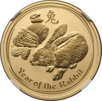 reverse of 100 Dollars - Elizabeth II - Lunar Year: Year of the Rabbit - Lunar Year Gold Bullion; 4'th Portrait (2011) coin with KM# 1485 from Australia. Inscription: P 兔 Year of the Rabbit