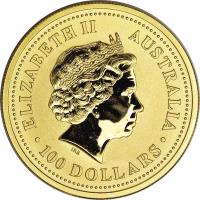 obverse of 100 Dollars - Elizabeth II - Lunar Year: Year of the Dragon - Lunar Year Gold Bullion; 4'th Portrait (2000) coin with KM# 528 from Australia. Inscription: ELIZABETH II AUSTRALIA IRB · 100 DOLLARS ·