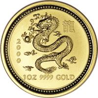 Australia coin 100 Dollars - Elizabeth II - Lunar Year: Year of the Dragon - Lunar Year Gold Bullion; 4'th Portrait (2000) reverse reverse of 100 Dollars - Elizabeth II - Lunar Year: Year of the Dragon - Lunar Year Gold Bullion; 4'th Portrait (2000) coin with KM# 528 from Australia. Inscription: 2 0 0 0 1 OZ 9999 GOLD