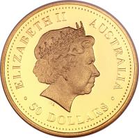 obverse of 50 Dollars - Elizabeth II - Discover Australia: Dolphins - Discover Australia Gold Bullion; 4'th Portrait (2008) coin with KM# 1196 from Australia. Inscription: ELIZABETH II AUSTRALIA IRB · 50 DOLLARS ·