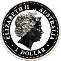 obverse of 1 Dollar - Elizabeth II - Lunar Year: Year of the Rooster - Lunar Year Silver Bullion; 4'th Portrait (2005) coin with KM# 695 from Australia. Inscription: ELIZABETH II AUSTRIA IRB · 1 DOLLAR ·