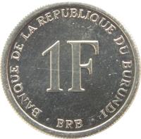 reverse of 1 Franc (1976 - 2003) coin with KM# 19 from Burundi. Inscription: BANQUE DE LA REPUBLIQUE DU BURUNDI 1F BRB