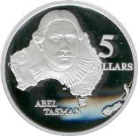 Australia coin 5 Dollars - Elizabeth II - Abel Tasman - 3'rd Portrait (1993) reverse reverse of 5 Dollars - Elizabeth II - Abel Tasman - 3'rd Portrait (1993) coin with KM# 214 from Australia. Inscription: 5 DOLLARS ABEL TASMAN