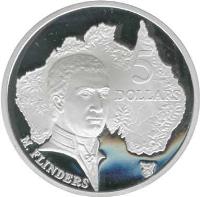 Australia coin 5 Dollars - Elizabeth II - Matthew Flinders - 3'rd Portrait (1993) reverse reverse of 5 Dollars - Elizabeth II - Matthew Flinders - 3'rd Portrait (1993) coin with KM# 216 from Australia. Inscription: 5 DOLLARS M. FLINDERS