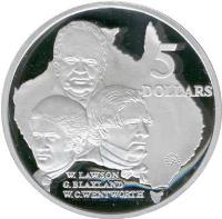 Australia coin 5 Dollars - Elizabeth II - W. Lawson, G. Blaxland - 3'rd Portrait (1993) reverse reverse of 5 Dollars - Elizabeth II - W. Lawson, G. Blaxland - 3'rd Portrait (1993) coin with KM# 217 from Australia. Inscription: 5 DOLLARS W. LAWSON G. BLAXLAND W.C. WENTWORTH