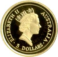 Australia coin 5 Dollars - Elizabeth II - Red Kangaroo - 3'rd Portrait (1994 - 1995) obverse obverse of 5 Dollars - Elizabeth II - Red Kangaroo - 3'rd Portrait (1994 - 1995) coin with KM# 241 from Australia. Inscription: ELIZABETH II AUSTRALIA RDM · 5 DOLLARS ·