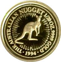 Australia coin 5 Dollars - Elizabeth II - Red Kangaroo - 3'rd Portrait (1994 - 1995) reverse reverse of 5 Dollars - Elizabeth II - Red Kangaroo - 3'rd Portrait (1994 - 1995) coin with KM# 241 from Australia. Inscription: THE AUSTRALIAN NUGGET 1/20 OZ 9999 GOLD P · 1994 ·