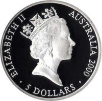Australia coin 5 Dollars - Elizabeth II - Sydney 2000 Olympics: A Sea Change I - Sydney 2000 Silver Bullion; 3'rd Portrait (1998) obverse obverse of 5 Dollars - Elizabeth II - Sydney 2000 Olympics: A Sea Change I - Sydney 2000 Silver Bullion; 3'rd Portrait (1998) coin with KM# 371 from Australia. Inscription: ELIZABETH II AUSTRALIA 2000 RDM · 5 DOLLARS ·