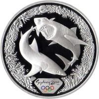 Australia coin 5 Dollars - Elizabeth II - Sydney 2000 Olympics: Great White Sharks - Sydney 2000 Silver Bullion; 3'rd Portrait (1998) reverse reverse of 5 Dollars - Elizabeth II - Sydney 2000 Olympics: Great White Sharks - Sydney 2000 Silver Bullion; 3'rd Portrait (1998) coin with KM# 372 from Australia. Inscription: Sydney 2000 C
