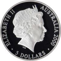 Australia coin 5 Dollars - Elizabeth II - Sydney 2000 Olympics: A Sea Change II - Sydney 2000 Silver Bullion; 3'rd Portrait (1998) obverse obverse of 5 Dollars - Elizabeth II - Sydney 2000 Olympics: A Sea Change II - Sydney 2000 Silver Bullion; 3'rd Portrait (1998) coin with KM# 380 from Australia. Inscription: ELIZABETH II AUSTRALIA 2000 I.R.B. · 5 DOLLARS ·