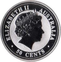 obverse of 50 Cents - Elizabeth II - Lunar Year: Year of the Horse - Lunar Year Silver Bullion (2002) coin with KM# 579 from Australia. Inscription: ELIZABETH II AUSTRALIA IRB · 50 CENTS ·