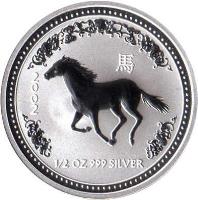 Australia coin 50 Cents - Elizabeth II - Lunar Year: Year of the Horse - Lunar Year Silver Bullion (2002) reverse reverse of 50 Cents - Elizabeth II - Lunar Year: Year of the Horse - Lunar Year Silver Bullion (2002) coin with KM# 579 from Australia. Inscription: 2 0 0 2 1/2 OZ 999 SILVER