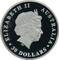 obverse of 30 Dollars - Elizabeth II - Koala - Koala Silver Bullion; 4'th Portrait (2012) coin with KM# 1691 from Australia. Inscription: ELIZABETH II AUSTRALIA IRB · 30 DOLLARS ·