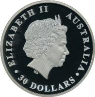 Australia coin 30 Dollars - Elizabeth II - Koala - Koala Silver Bullion; 4'th Portrait (2012) obverse obverse of 30 Dollars - Elizabeth II - Koala - Koala Silver Bullion; 4'th Portrait (2012) coin with KM# 1691 from Australia. Inscription: ELIZABETH II AUSTRALIA IRB · 30 DOLLARS ·