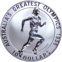 Australia coin 10 Dollars - Elizabeth II - Betty Cuthbert - 3'rd Portrait (1996) reverse reverse of 10 Dollars - Elizabeth II - Betty Cuthbert - 3'rd Portrait (1996) coin with KM# 315 from Australia. Inscription: AUSTRALIA'S GREATEST OLYMPICS 1956 BETTY CUTHBERT 10 DOLLARS