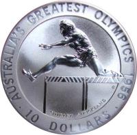 Australia coin 10 Dollars - Elizabeth II - Shirley Strickland - 3'rd Portrait (1996) reverse reverse of 10 Dollars - Elizabeth II - Shirley Strickland - 3'rd Portrait (1996) coin with KM# 316 from Australia. Inscription: AUSTRALIA'S GREATEST OLYMPICS 1956 SHIRLEY STRICKLAND · 10 DOLLARS ·