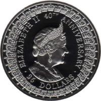 reverse of 25 Dollars - Elizabeth II - Queen Mother - 3'rd Portrait (1992) coin with KM# 200 from Australia. Inscription: ELIZABETH II 40TH ANNIVERSARY · 25 DOLLARS ·