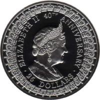 Australia coin 25 Dollars - Elizabeth II - Queen Mother - 3'rd Portrait (1992) reverse reverse of 25 Dollars - Elizabeth II - Queen Mother - 3'rd Portrait (1992) coin with KM# 200 from Australia. Inscription: ELIZABETH II 40TH ANNIVERSARY · 25 DOLLARS ·