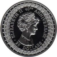 Australia coin 25 Dollars - Elizabeth II - Princess Diana - 3'rd Portrait (1992) reverse reverse of 25 Dollars - Elizabeth II - Princess Diana - 3'rd Portrait (1992) coin with KM# 201 from Australia. Inscription: ELIZABETH II 40TH ANNIVERSARY · 25 DOLLARS ·
