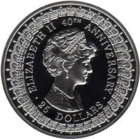 reverse of 25 Dollars - Elizabeth II - Princess Diana - 3'rd Portrait (1992) coin with KM# 201 from Australia. Inscription: ELIZABETH II 40TH ANNIVERSARY · 25 DOLLARS ·