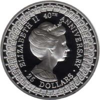 reverse of 25 Dollars - Elizabeth II - Princess Anne - 3'rd Portrait (1992) coin with KM# 202 from Australia. Inscription: ELIZABETH II 40TH ANNIVERSARY · 25 DOLLARS ·