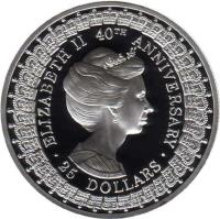 Australia coin 25 Dollars - Elizabeth II - Princess Anne - 3'rd Portrait (1992) reverse reverse of 25 Dollars - Elizabeth II - Princess Anne - 3'rd Portrait (1992) coin with KM# 202 from Australia. Inscription: ELIZABETH II 40TH ANNIVERSARY · 25 DOLLARS ·