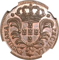 obverse of 3 Réis - José I (1750) coin with KM# A1 from Azores. Inscription: PECUNIA INSULANA