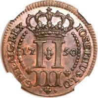 reverse of 3 Réis - José I (1750) coin with KM# A1 from Azores. Inscription: IOSEPHUS · I · D G · P · ET · ALG · REX 17 50 III