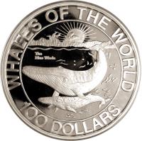 Bahamas coin 100 Dollars - Elizabeth II - Blue Whale (1993) reverse reverse of 100 Dollars - Elizabeth II - Blue Whale (1993) coin with KM# 163 from Bahamas. Inscription: WHALES OF THE WORLD The Blue Whale 100 DOLLARS