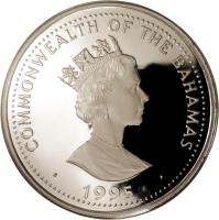 Bahamas coin 100 Dollars - Elizabeth II - Humpback Whale (1995) obverse obverse of 100 Dollars - Elizabeth II - Humpback Whale (1995) coin with KM# 185 from Bahamas. Inscription: COMMONWEALTH OF THE BAHAMAS · 1995 ·